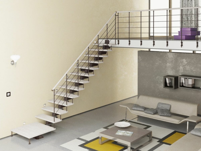 Decorar con papel tapiz amarillo en la escalera, diseño simple de los muebles
