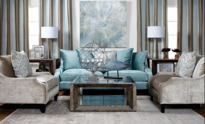 diseño de color apartamento de la pared del color-champagne-sala de estar-con-un-sofá-in-blue