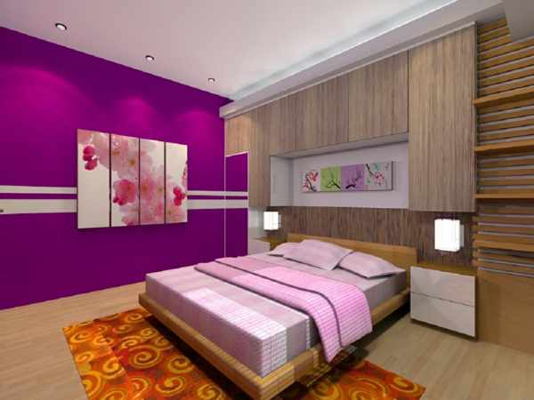 दीवार और अच्छे बिस्तर पर रंग-बेडरूम-साइक्लेमेन-रंग-चित्र