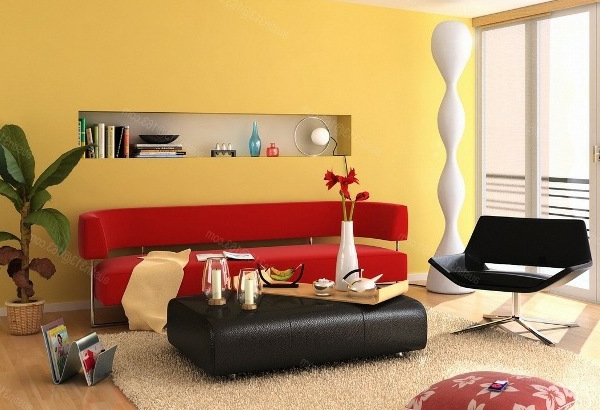颜色raumgestaltug黄色的墙，红色的沙发，黑表
