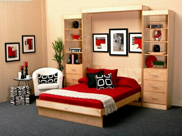 sistema de estantería de madera feng-shui-color-en-la-habitación y diseño de cama moderno
