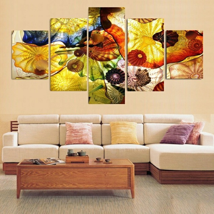 foto en lienzo de foto-collage-esquina sofá de madera del piso de tabla de madera almohadas coloridas