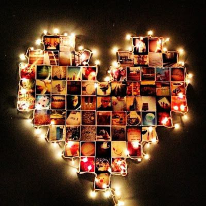 Collage de photos en forme de cœur, décoré de guirlandes sur les bords