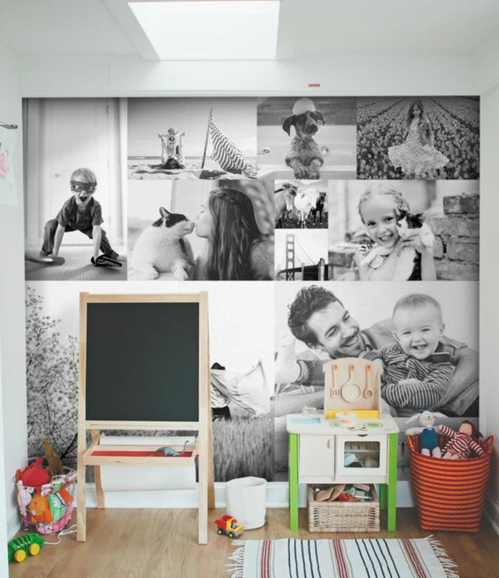 קיר תמונה ללא מסגרת עם צילומים בשחור ולבן