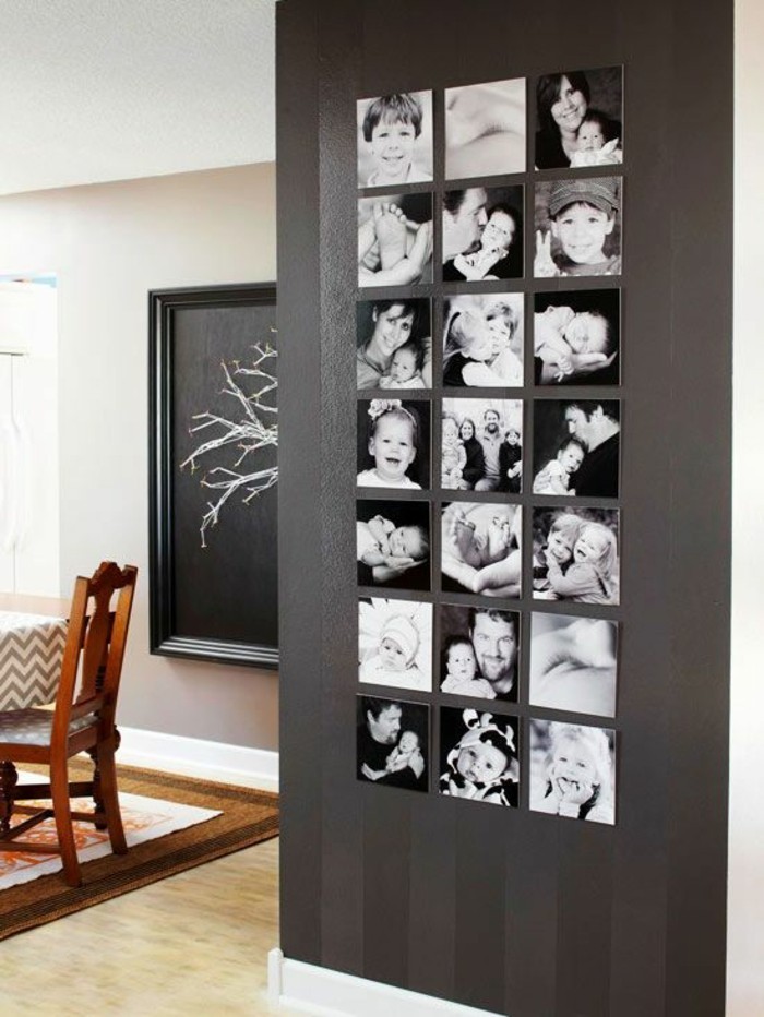 Fotowand-idées-gris-mur-famille des photos de chaise-table-Wanddeko
