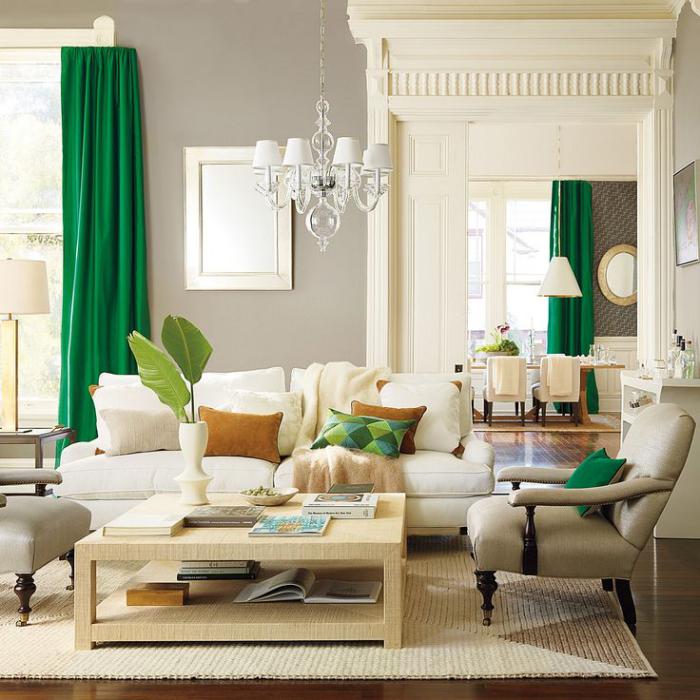 cortinas fresco-salón-interior-verde de centro cuadrada de madera de la mesa