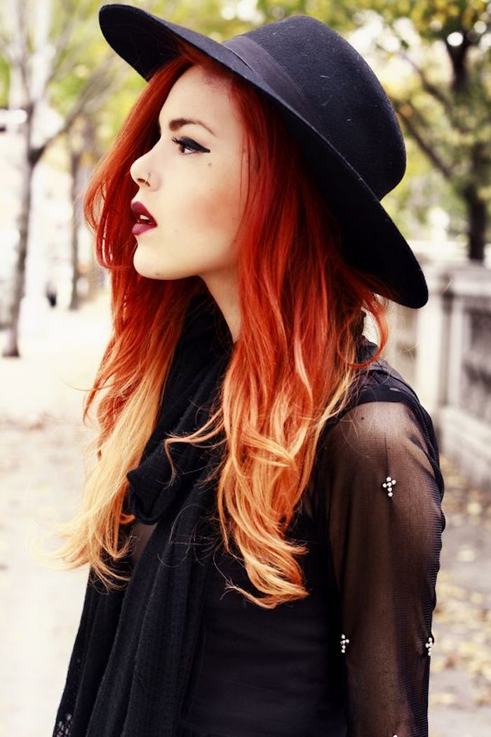 halflong frizurák, fekete blúz, kalap, vörös haj, ombre hatás
