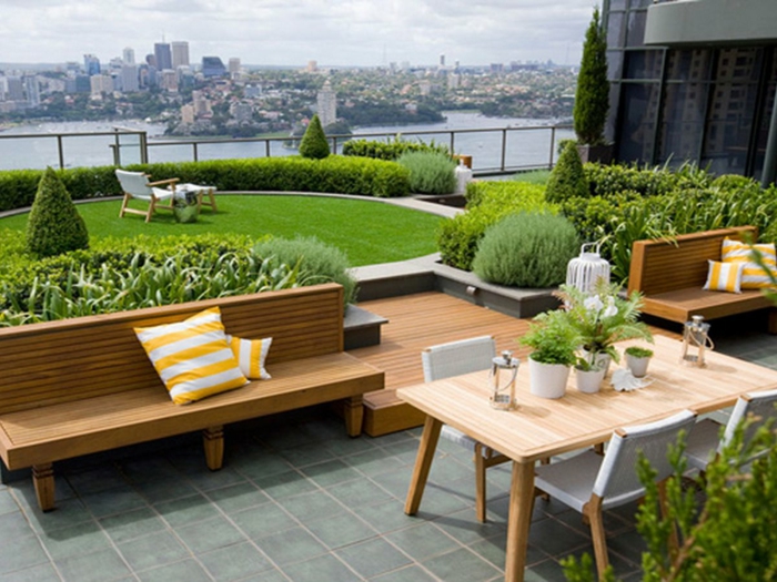 un jardín minimalista: una sala de estar, césped inglés, muchas plantas verdes