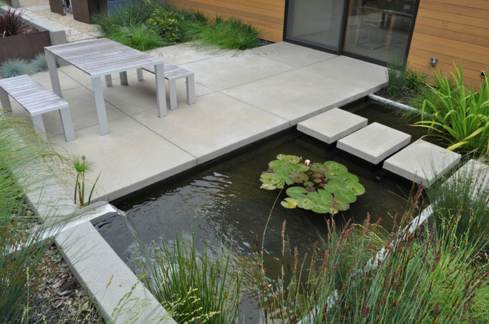 Moderni puutarhan muotoilu - vesiominaisuus ja lampi Maalaistyyliset puutarhakalusteet