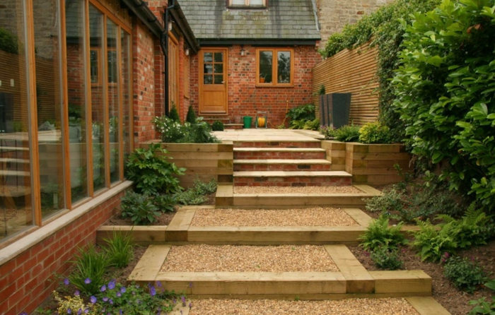Moderni puutarhan muotoilu - vihreät kasvit ja portaat peitetty sora