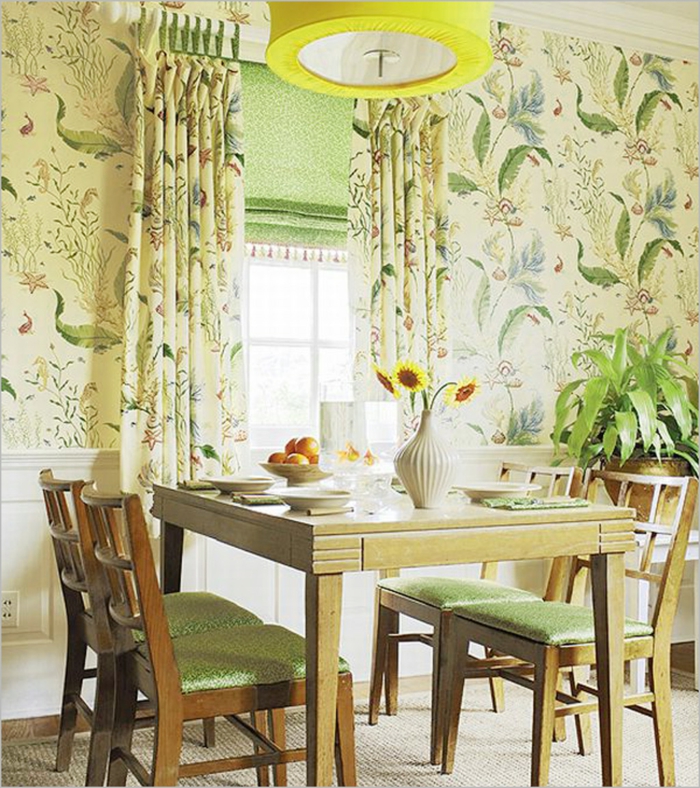 舒适的餐厅，光带，有趣的设计向日葵复古壁纸