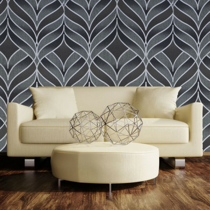 舒适的室内装饰领域，从金属沙发粪便复古壁纸灰色色调