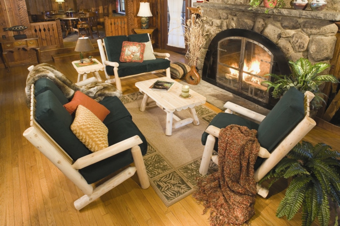 maison bois mobilier rustique cheminée moderne intérieur confortable