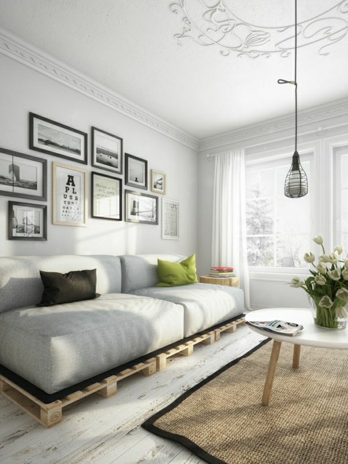 άνετο καθιστικό καναπέ δωμάτιο από παλέτες Beige Μαξιλάρι εικόνα της βιομηχανικής λάμπας