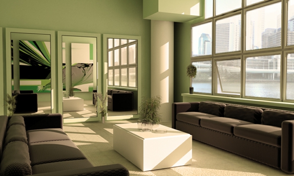 Acogedora sala de estar diseño de la pared del sofá verde