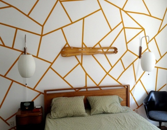 γεωμετρικά-μούχλα-ξύλο τοίχο υπνοδωμάτιο κρεβάτι-μαύρο-plstikstuhl-nightlamps