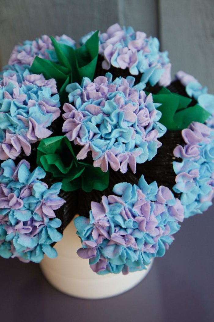 cadeau d'adieu, hortensias de sucre, fleurs, bleu