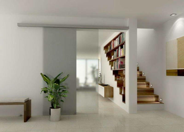 在楼梯和书架非常漂亮的房间内滑动玻璃门
