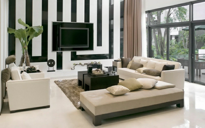 Gyönyörű elegáns szalonban-belsőépítészeti-fekete-fehér TV-fal-panel-modern-khaki-kanapé-set-with-egyszerű sötét fa dohányzóasztal-szalonban-inte