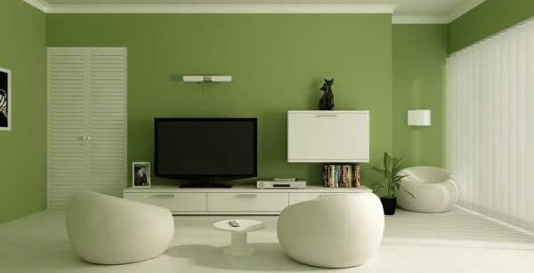 Πράσινο χρώμα και λευκά έπιπλα στο πολυτελές σαλόνι