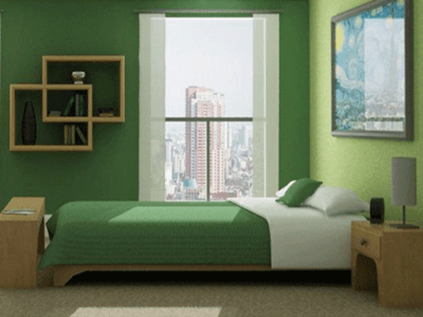 verde-pared-color-para-dormitorio-estantes originales en la pared y cama moderna