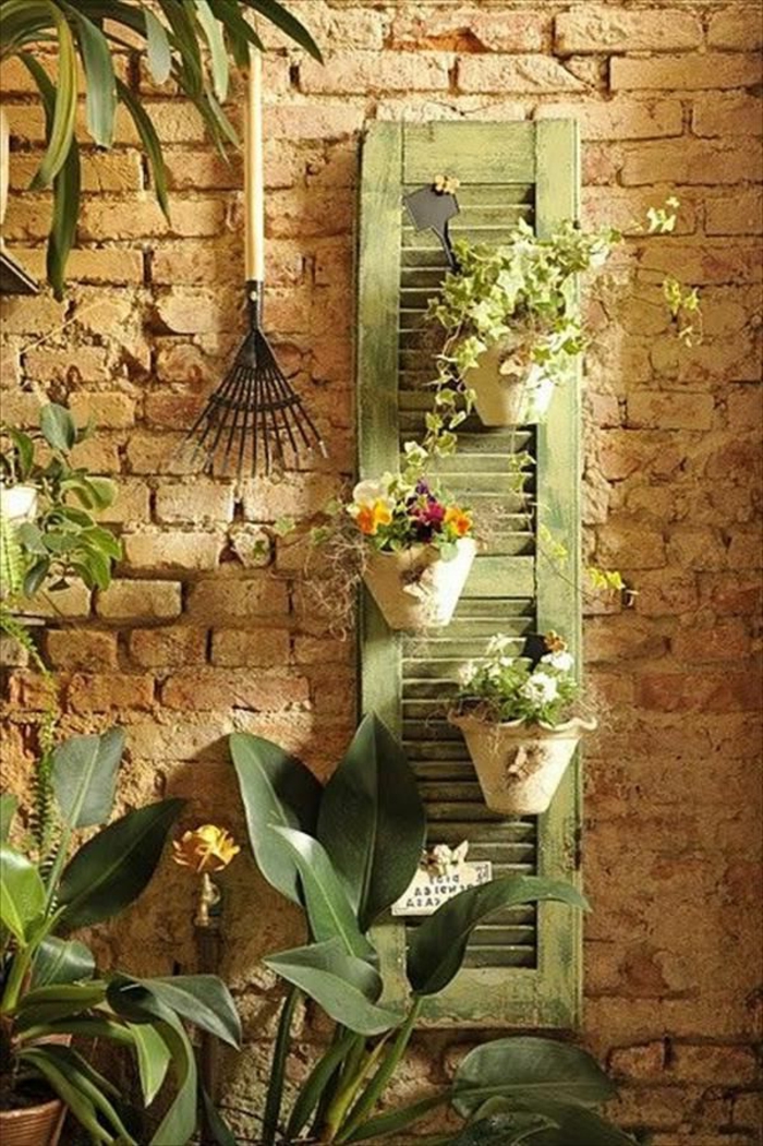 Jardin Shutter vert Décoration Pots de fleurs mur de briques Accessoires de jardin