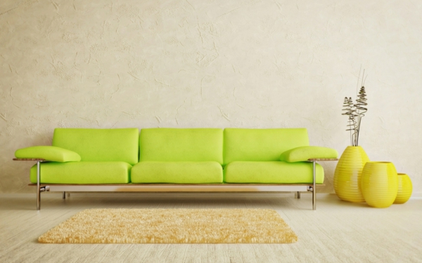 vihreä sohva keltainen matto huoneessa