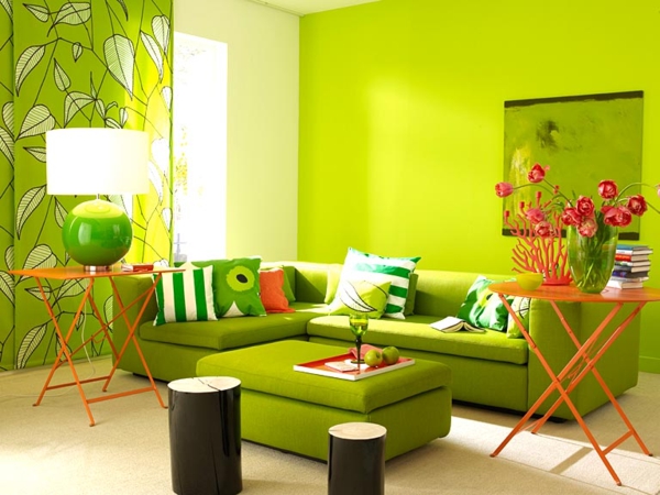绿色色调 - 墙上彩色沙发与抛出枕头 - 美丽的装饰物品