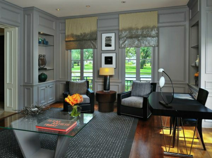 Szürke tervez-desk-kanapékkal-szép-szürke fal színe-modern élet