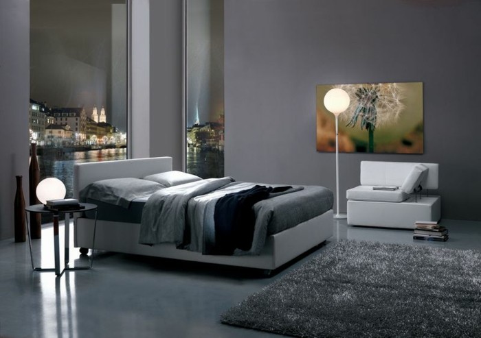 gris-dormitorio-con-un-gran-tapizados cuadro de cama con camas