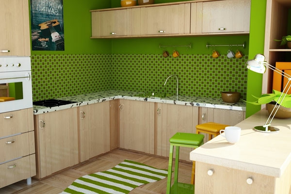 armoires en bois et couleur verte de cuisine