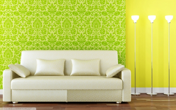 Flash-värinen olohuone-tapetti-vihreä ja keltainen-kermanvalkoista sohva