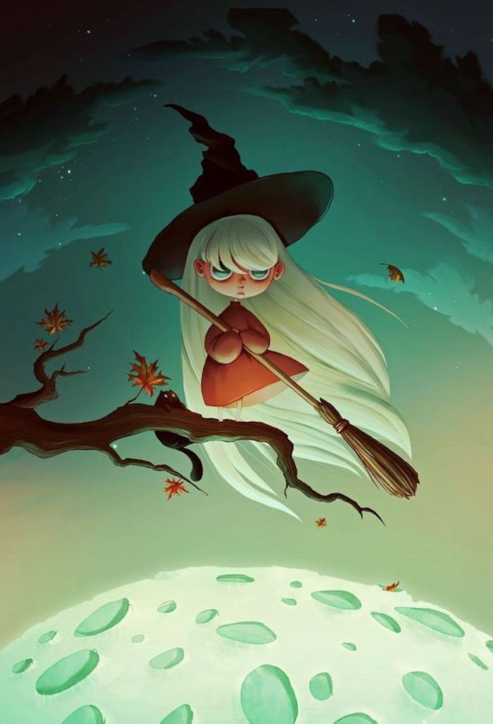 שיער לבן של מכשפה קטנה עם מטאטא וכובע מכשפה שחור - תמונות ליל כל הקדושים
