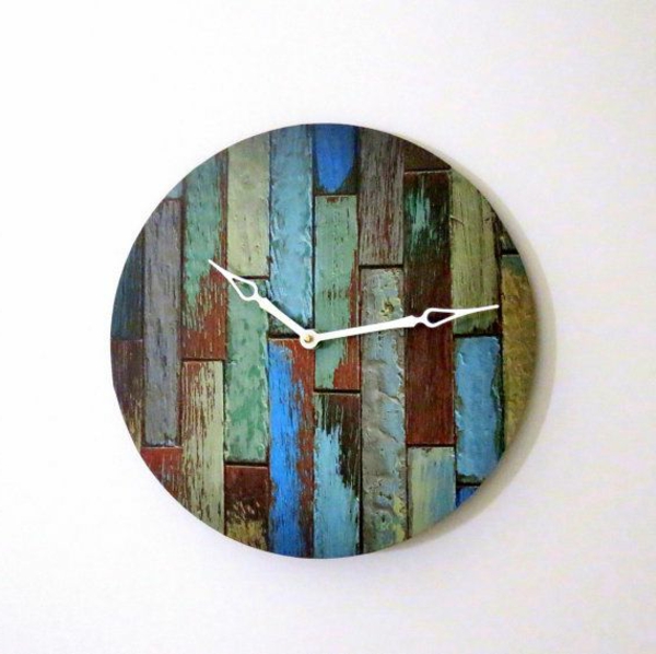 ξύλινο τείχος σχεδιασμού ρολόι ιδέα πάνελ χρωματισμένο ξύλο