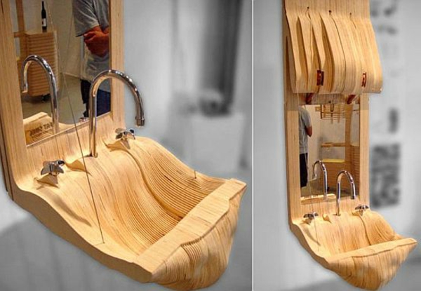 дървена дизайнерска мивка - две снимки