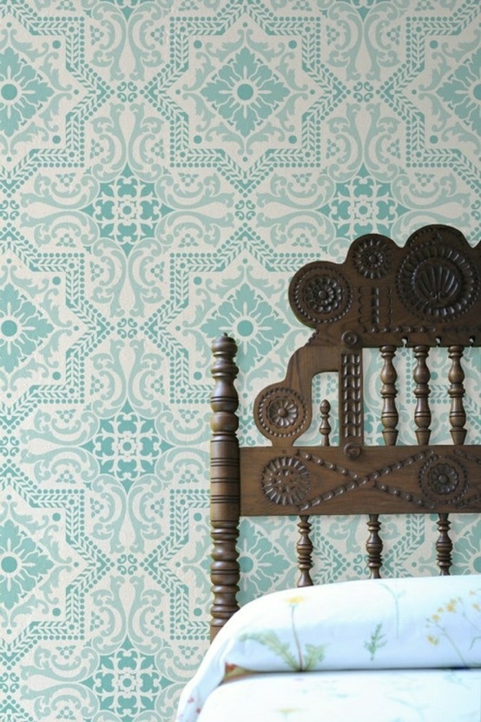 木制老式床现代壁纸，绿松石，壁纸，壁纸与 - 饰