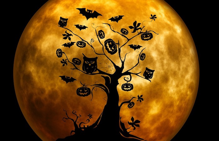 עץ ליל כל הקדושים עם ינשופים, דלעות ועטלפים ירח מלא ברקע