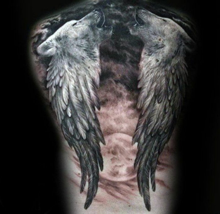 一个大红色的月亮，两个黑色的天使翅膀和两只嚎叫的狼 - 为男性设计天使翅膀纹身的想法