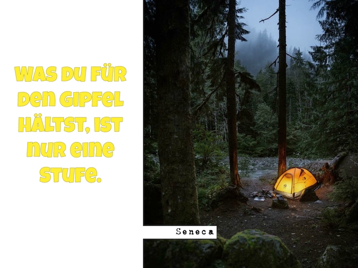 картина с жълта палатка в гората и хладна поговорка от сенека