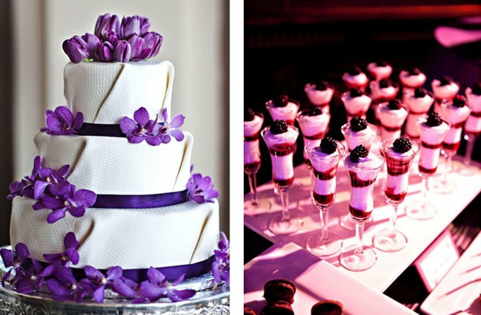 婚礼蛋糕，在紫色的，两张照片