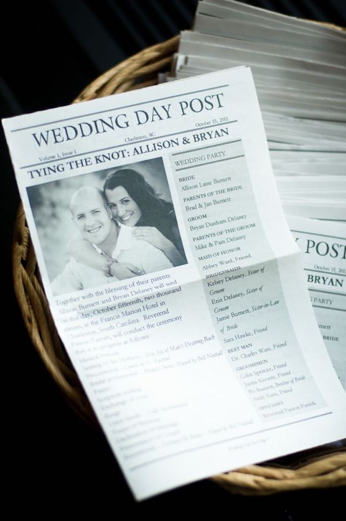 शादी की पार्टी और ठंडा शीर्षक की योजना के साथ शादी के समाचार पत्र। दुल्हन जोड़े की सुंदर तस्वीर