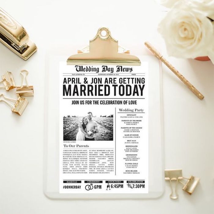 Esküvői újság egy szerető párnak egy fotó a réten és egy nagy címsor