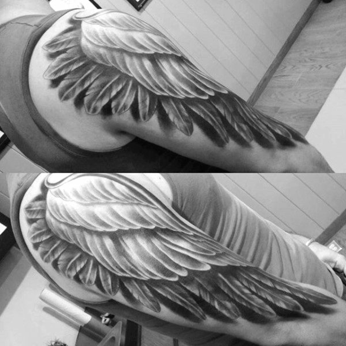 这里是另一个伟大的男性天使纹身的想法 - 这里有大黑天使翼纹身的手