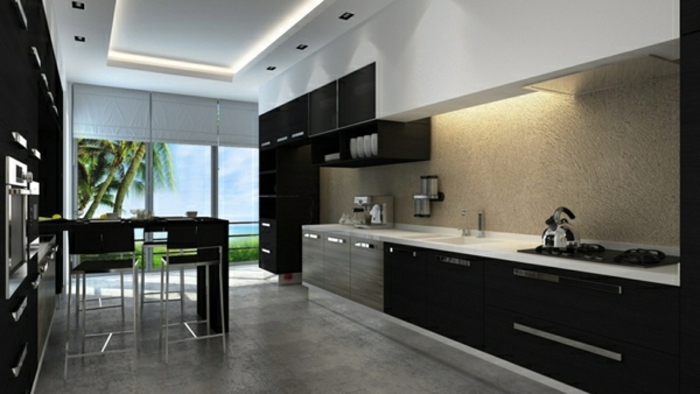 现代厨房设计的间接光房间天花板主导