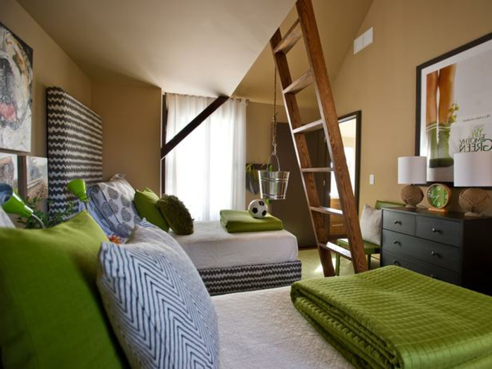dormitorio juvenil de color-cama-en-verde-color de la pared-latte macchiato-