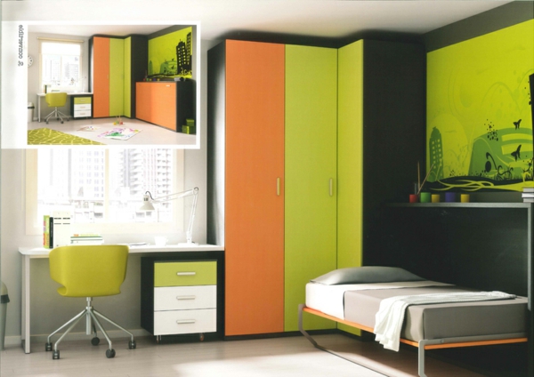 青年房连储衣柜，床，绿，橙