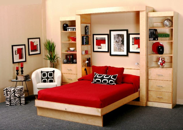 青年卧室，衣柜，床红色装饰图像