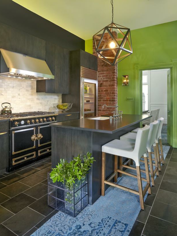 πολυέλαιος πράσινο τοίχο γκρι σχέδιο - όμορφο συνδυασμό χρωμάτων στην κουζίνα