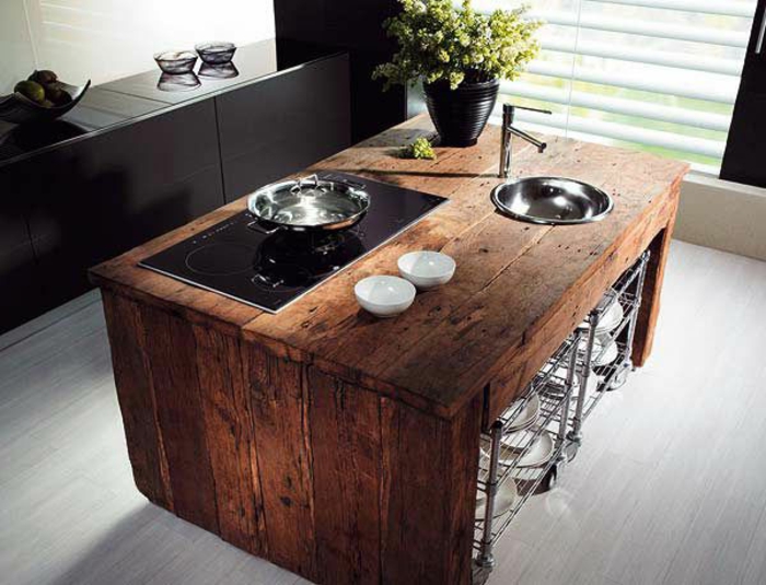 रसोई-सह-पकाने द्वीप लकड़ी डिजाइन के साथ एक दिलचस्प देखो