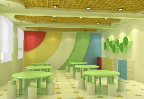 幼儿园内部 - 绿 - 圆桌会议和天花板灯